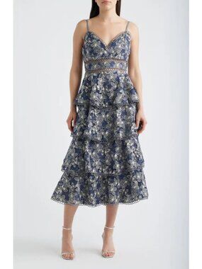 Arose Studio Marcela Floral Embroidered Tiered Midi Dress Bardot Lace Size M NWT